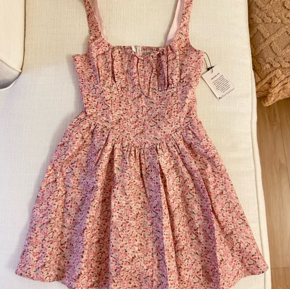 Reformation Daria Linen Floral Pink Sleeveless Dress New With Tags Size 8 - Picture 6 of 7